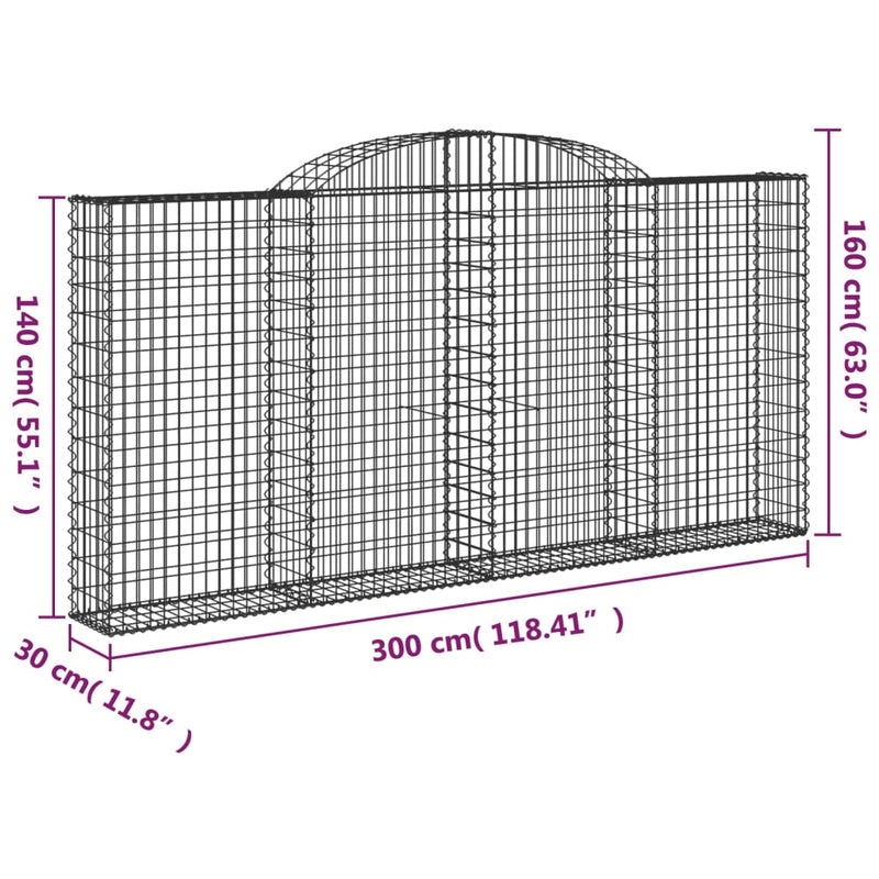 vidaXL íves horganyzott vas gabion kosár 300 x 30 x 140/160 cm
