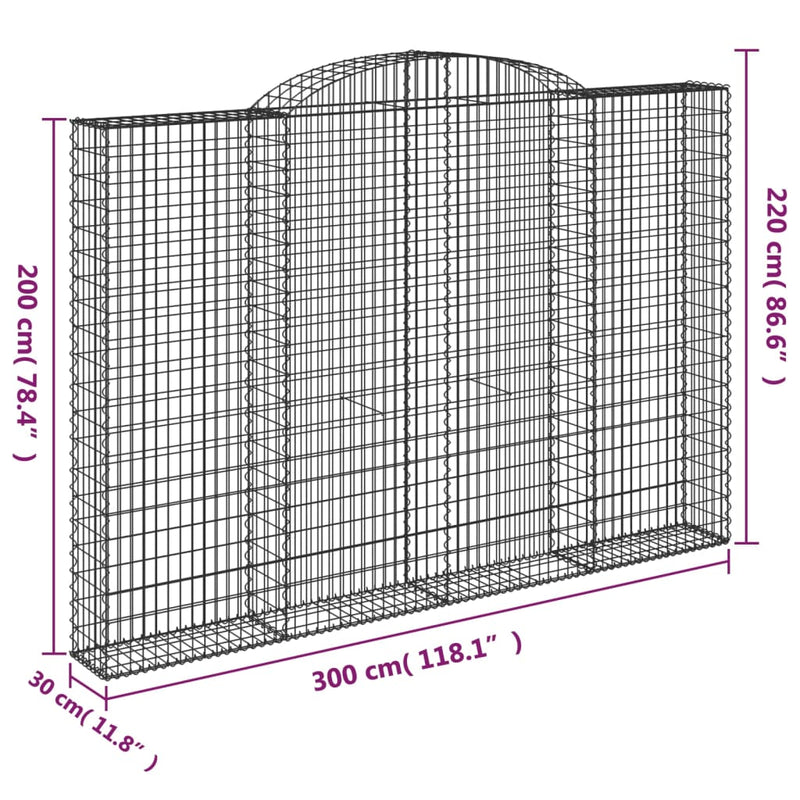 vidaXL íves horganyzott vas gabion kosár 300 x 30 x 200/220 cm