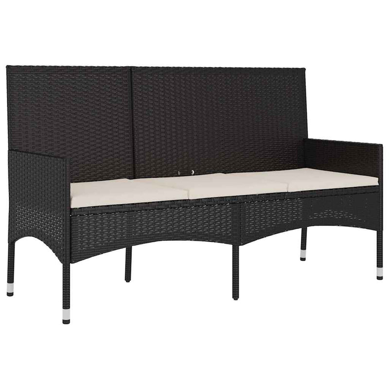 vidaXL fekete 3 személyes polyrattan kerti pad párnával