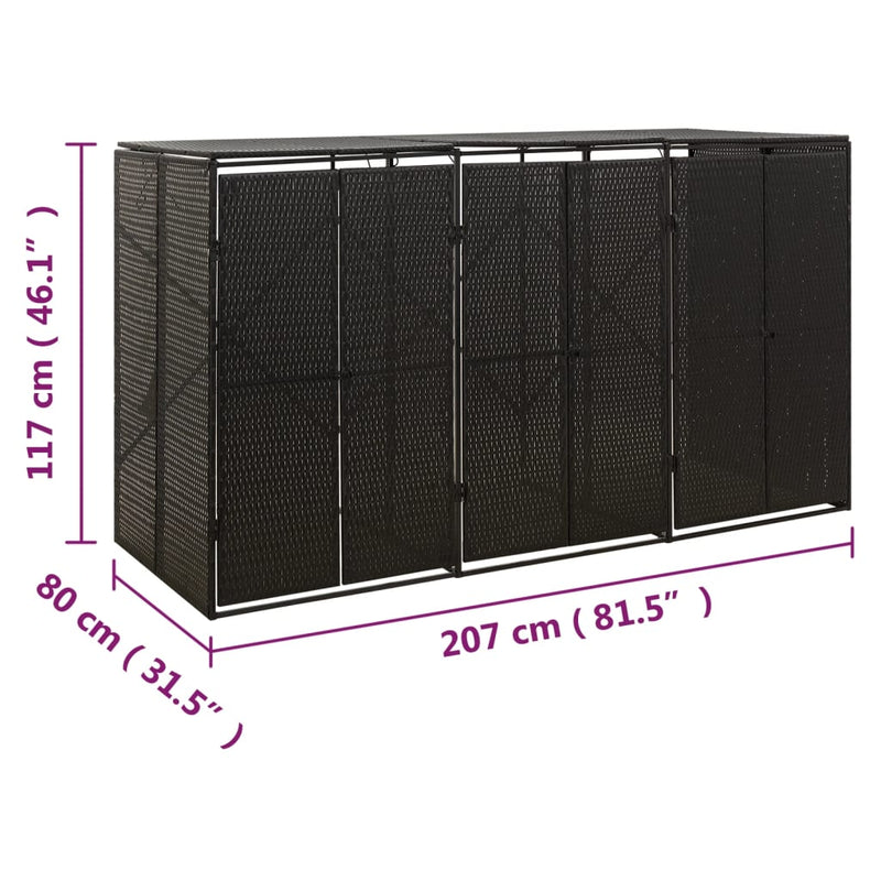 vidaXL fekete polyrattan hármas kerekeskuka tárolófészer 207x80x117 cm