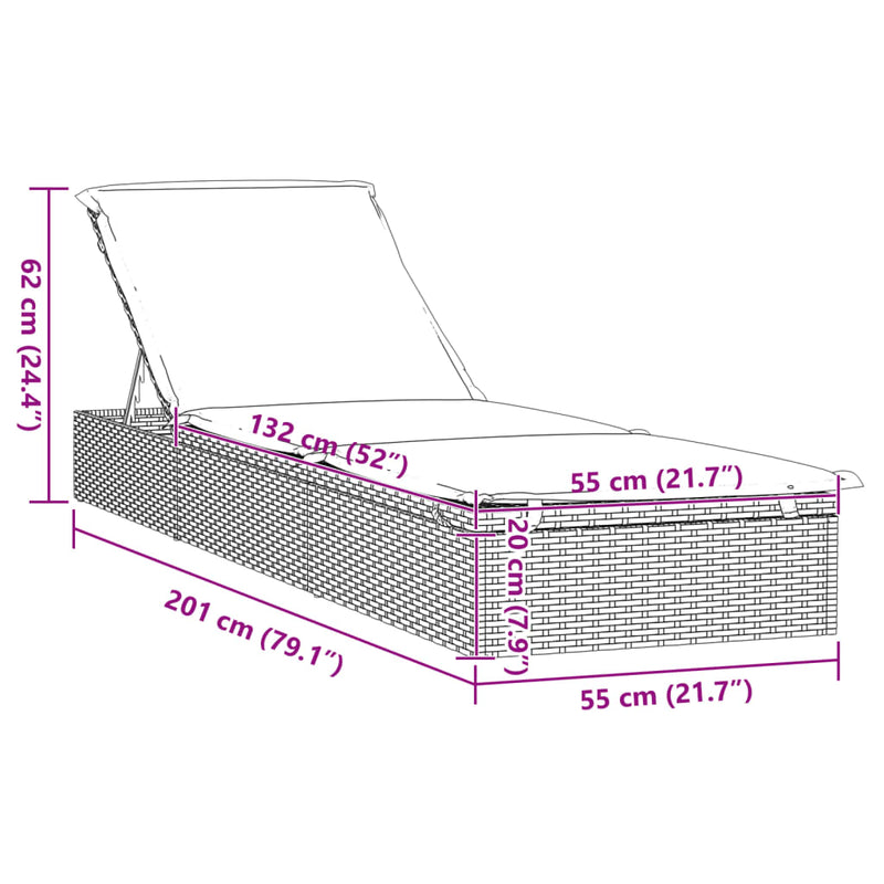 vidaXL 1 db fekete polyrattan napozóágy párnával 201 x 55 x 62 cm