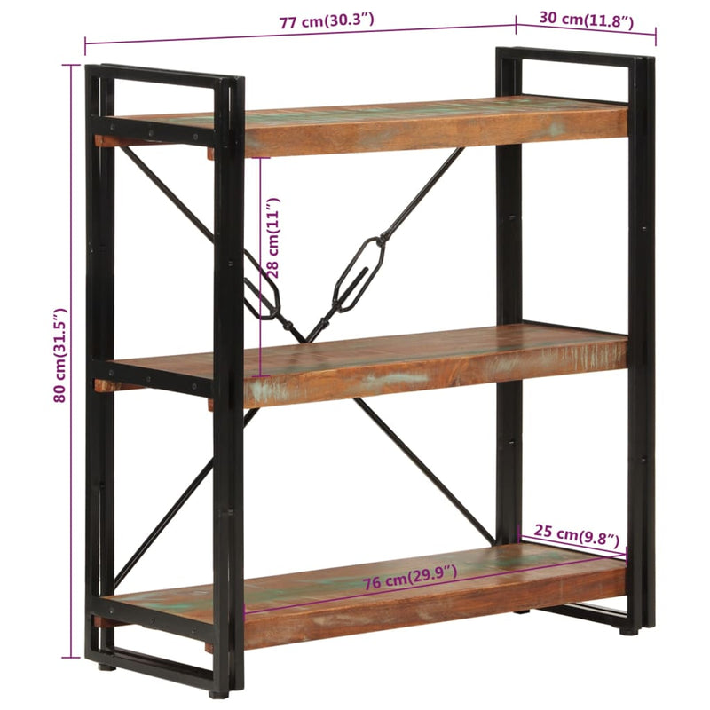 vidaXL 3 szintes újrahasznosított fa és vas könyvespolc 77x30x80 cm