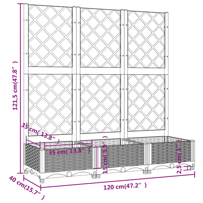 vidaXL világosszürke PP rácsos kerti ültetőláda 120 x 40 x 121,5 cm