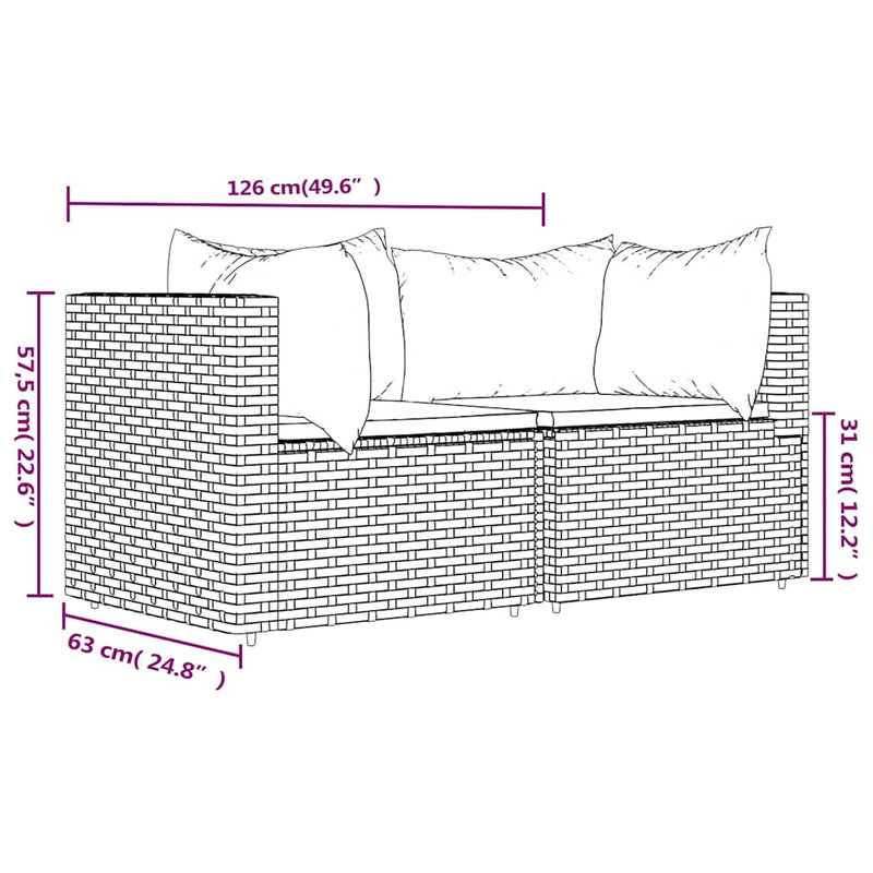 vidaXL 2 db fekete polyrattan kerti sarokkanapé párnákkal