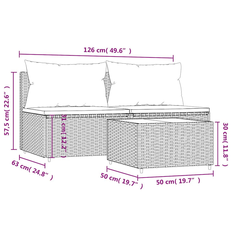 vidaXL 3 részes barna polyrattan kerti ülőgarnitúra párnával