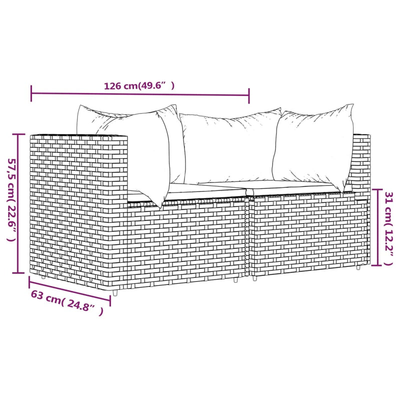 vidaXL 2 db fekete polyrattan kerti sarokkanapé párnákkal