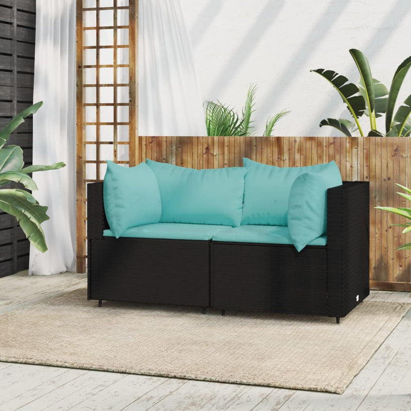 vidaXL 2 db fekete polyrattan kerti sarokkanapé párnákkal