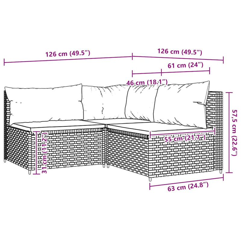 vidaXL 3 részes szürke polyrattan kerti ülőgarnitúra párnákkal