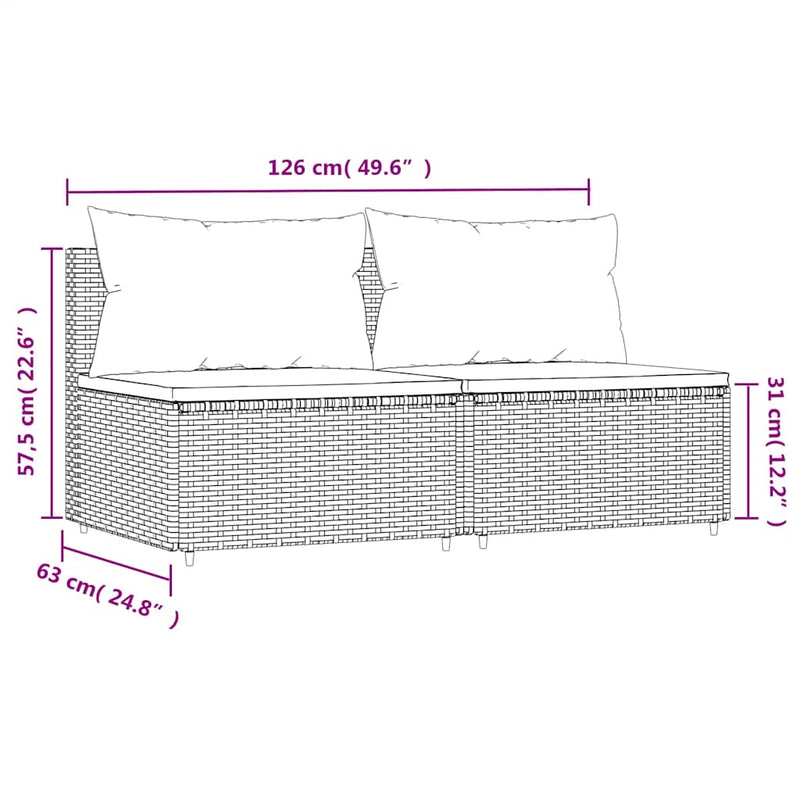vidaXL 2 db szürke polyrattan kerti középső kanapé párnákkal