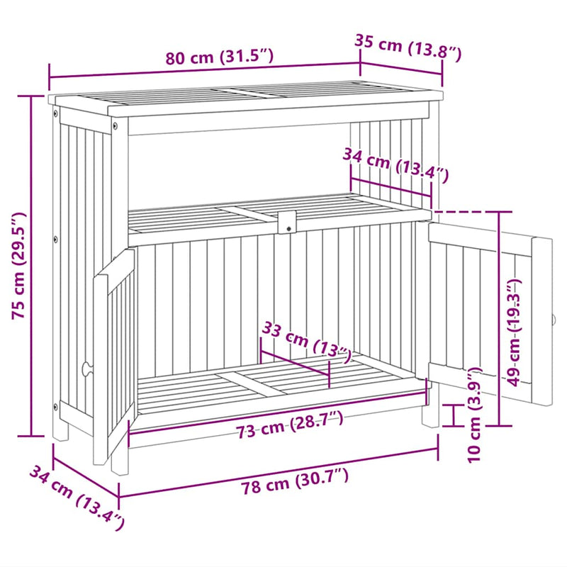 vidaXL tömör akácfa kerti tálalóasztal 80 x 35 x 75 cm