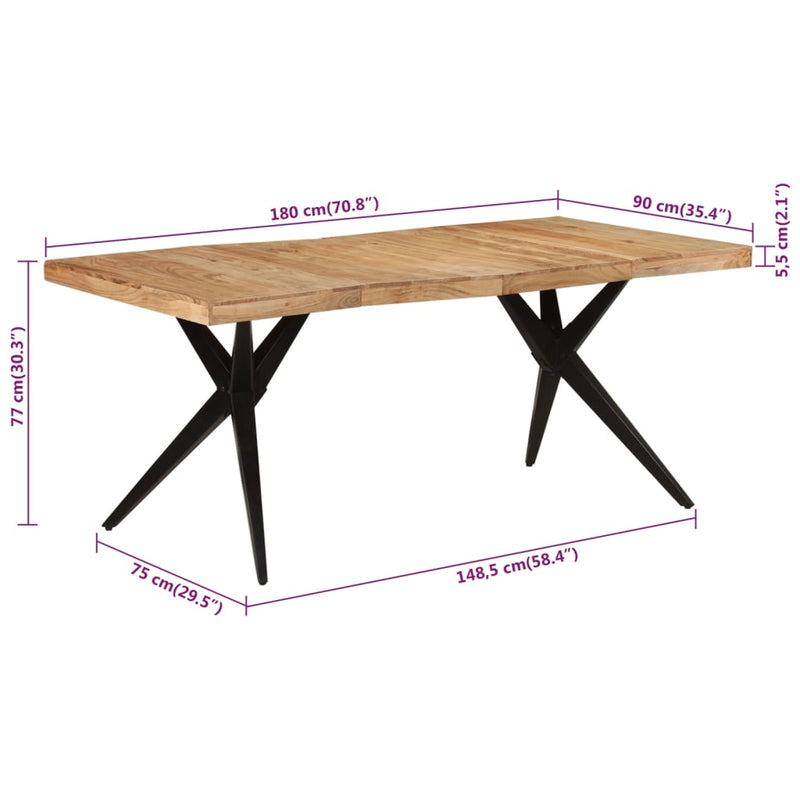 vidaXL fekete tömör akácfa étkezőasztal 180 x 90 x 77 cm