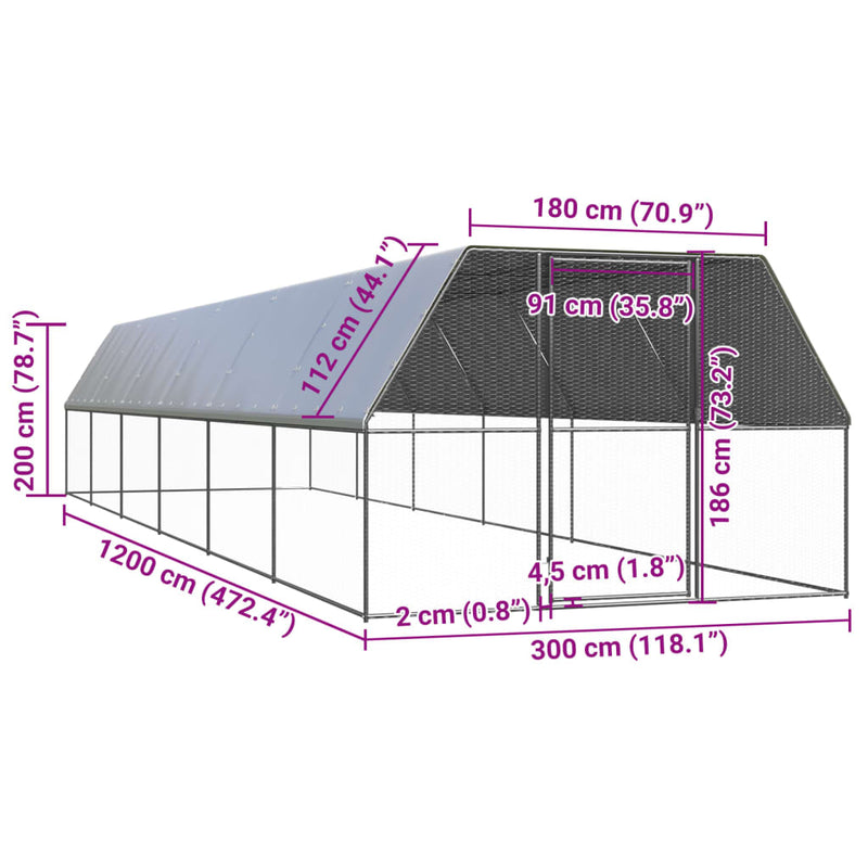 vidaXL kültéri horganyzott acél tyúkól 3x12x2 m