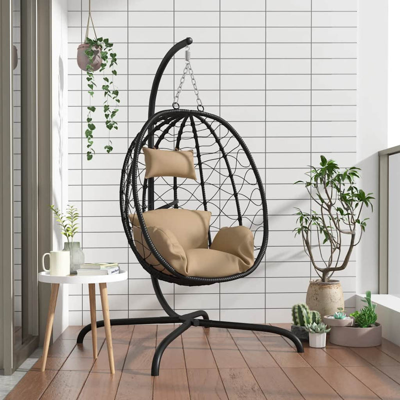 vidaXL bézs polyrattan és acél függő tojás alakú szék párnával