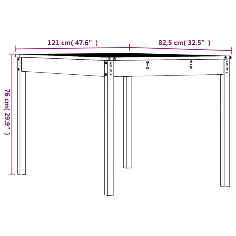 vidaXL tömör fenyőfa kerti asztal 121 x 82,5 x 76 cm