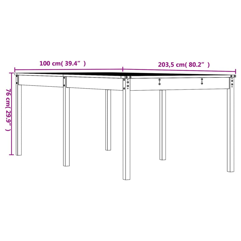 vidaXL tömör fenyőfa kerti asztal 203,5 x 100 x 76 cm