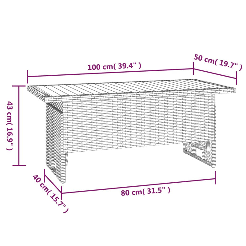 vidaXL fekete tömör akácfa és polirattan kerti asztal 100x50x43/63 cm