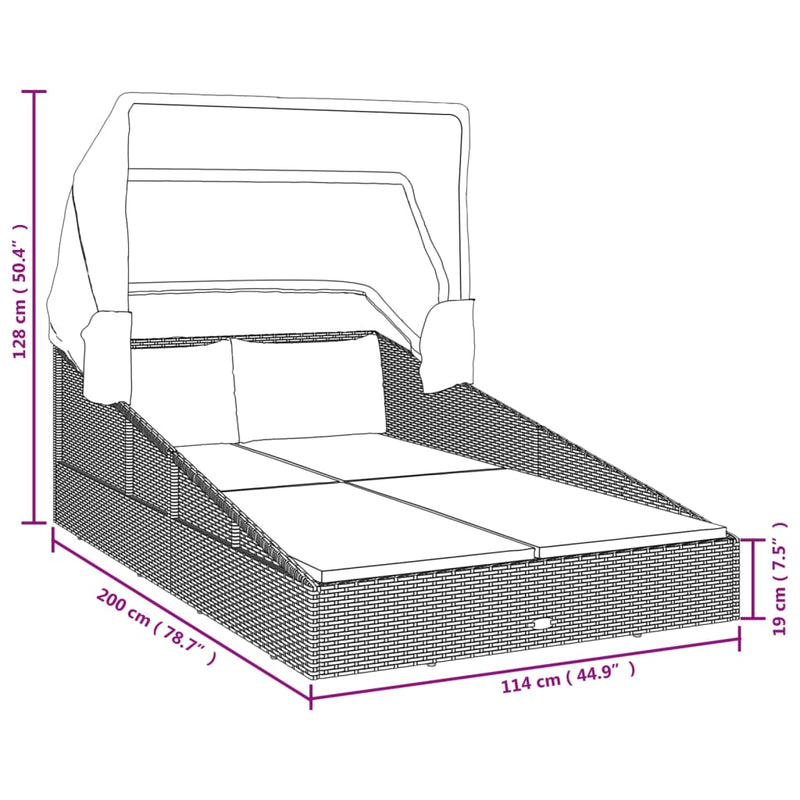 vidaXL fekete polyrattan napágy összecsukható tetővel 200x114x128 cm