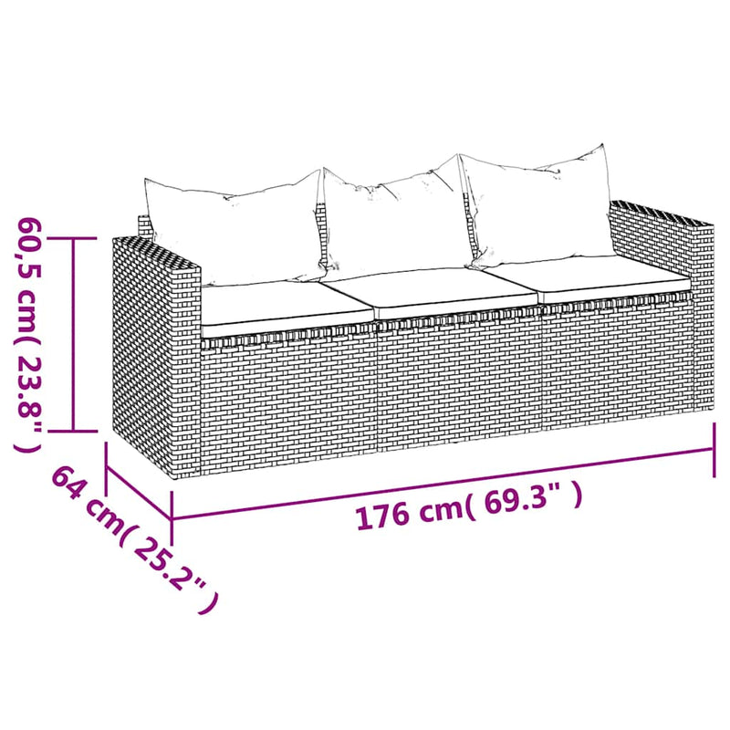 vidaXL 3 személyes barna polyrattan kerti kanapé párnával