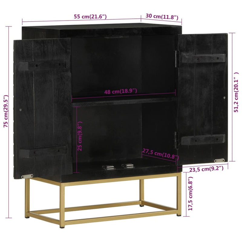 vidaXL fekete és aranyszínű 2 ajtós tömör mangófa tálaló 55x30x75 cm