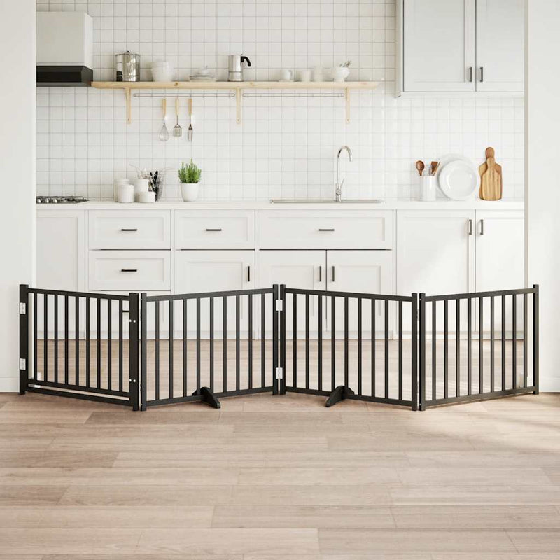 vidaXL fekete tömör fa 4 paneles összecsukható kutyakapu ajtóval 320cm