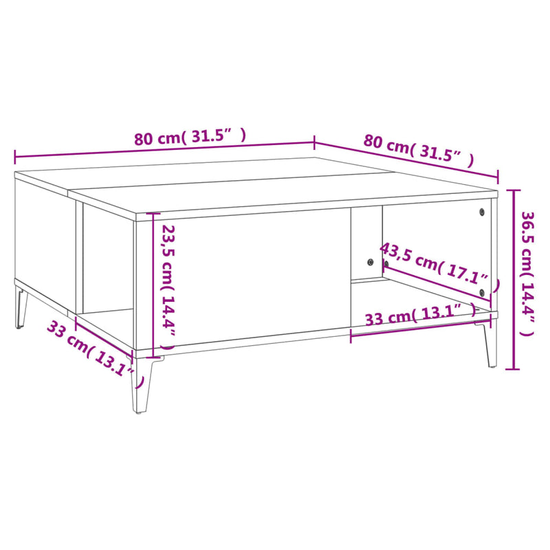 vidaXL füstös tölgy színű fatermék dohányzóasztal 80x80x36,5 cm