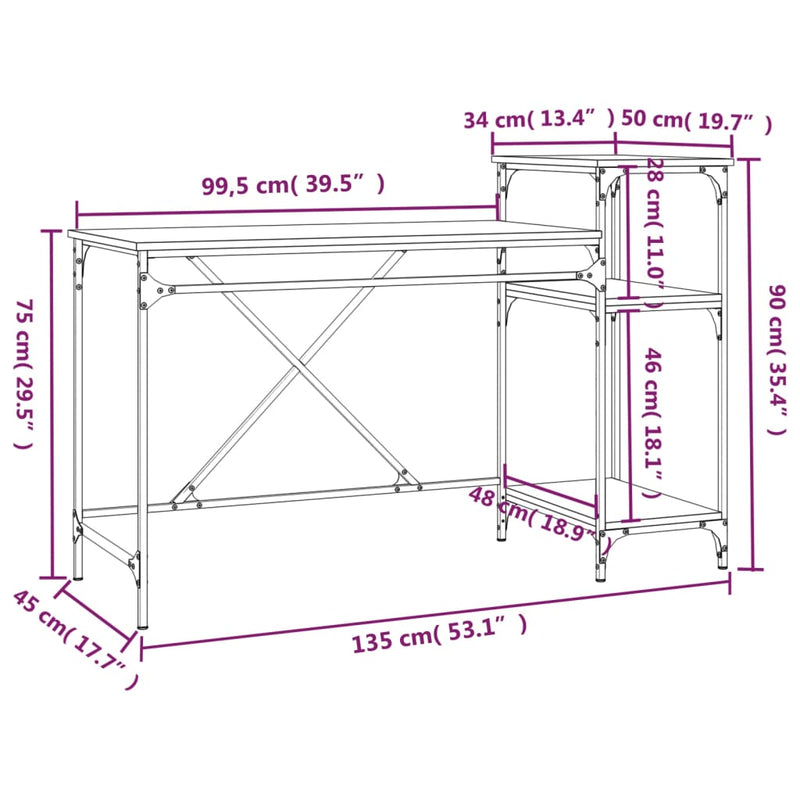 vidaXL szürke sonoma fa és vas íróasztal polcokkal 135x50x90 cm