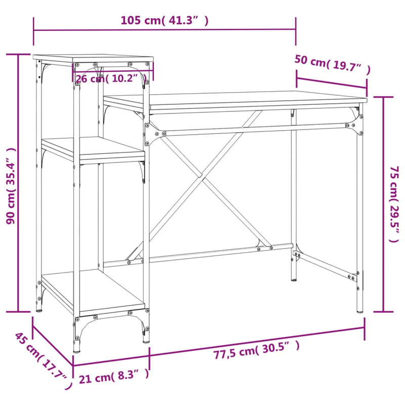 vidaXL sonoma tölgy szerelt fa íróasztal polcokkal 105x50x90 cm