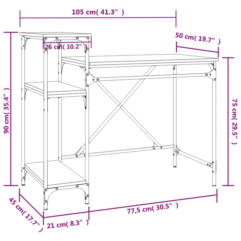 vidaXL szürke sonoma fa és vas íróasztal polcokkal 105x50x90 cm