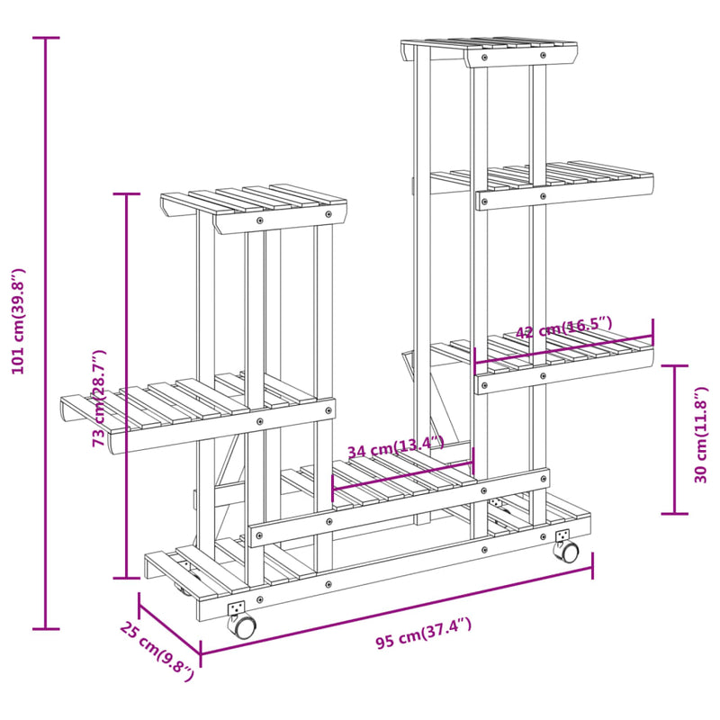 vidaXL tömör fenyőfa virágtartó állvány kerekekkel 95 x 25 x 101 cm