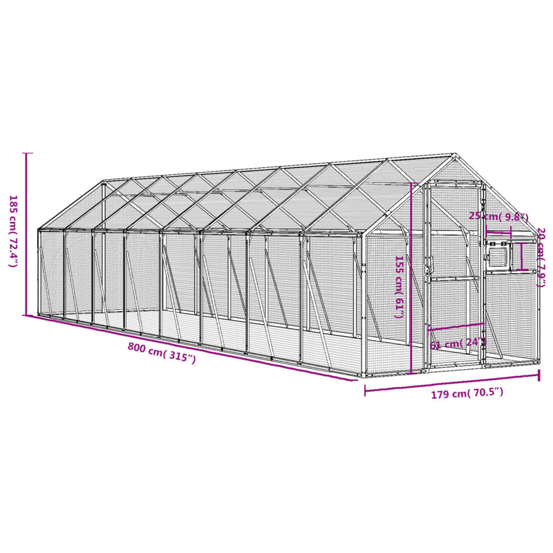 vidaXL antracit alumínium madárház 1,79 x 8 x 1,85 m