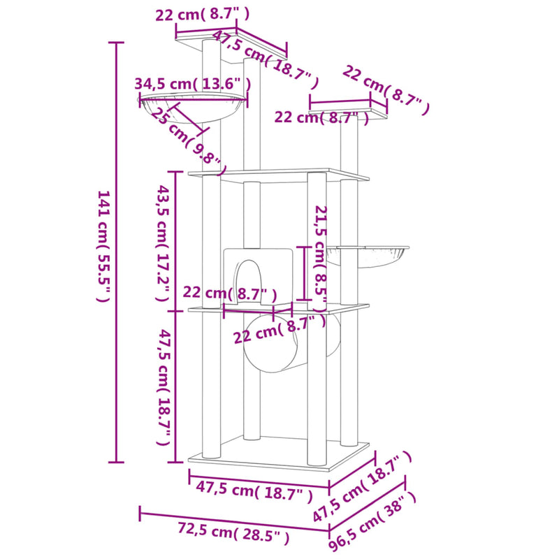 vidaXL krémszínű macskakaparófa szizál kaparófákkal 141 cm