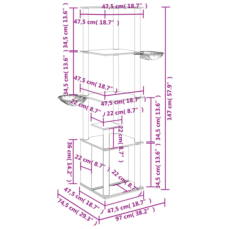 vidaXL krémszínű macskabútor szizál kaparófákkal 147 cm