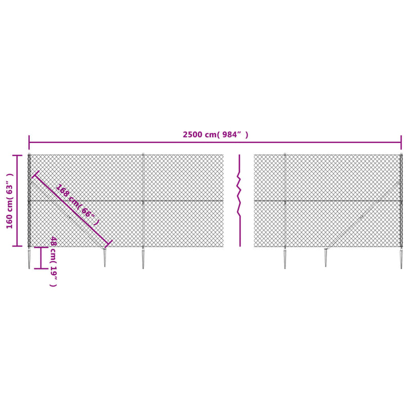 vidaXL antracitszürke drótkerítés cövekekkel 1,6 x 25 m