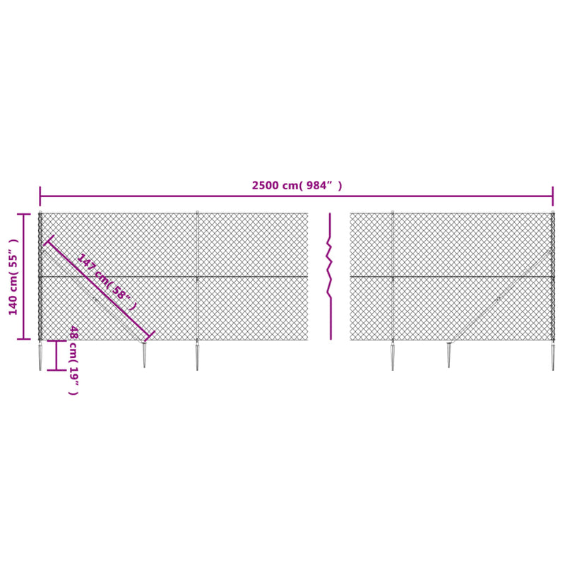 vidaXL ezüstszínű drótkerítés cövekekkel 1,4 x 25 m