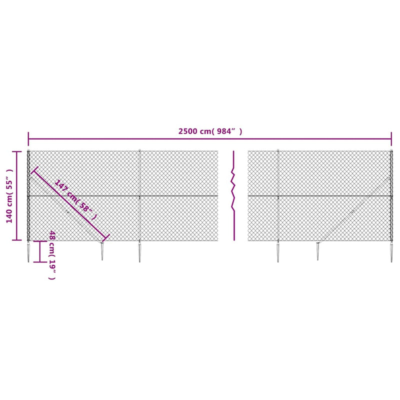 vidaXL ezüstszínű drótkerítés cövekekkel 1,4 x 25 m