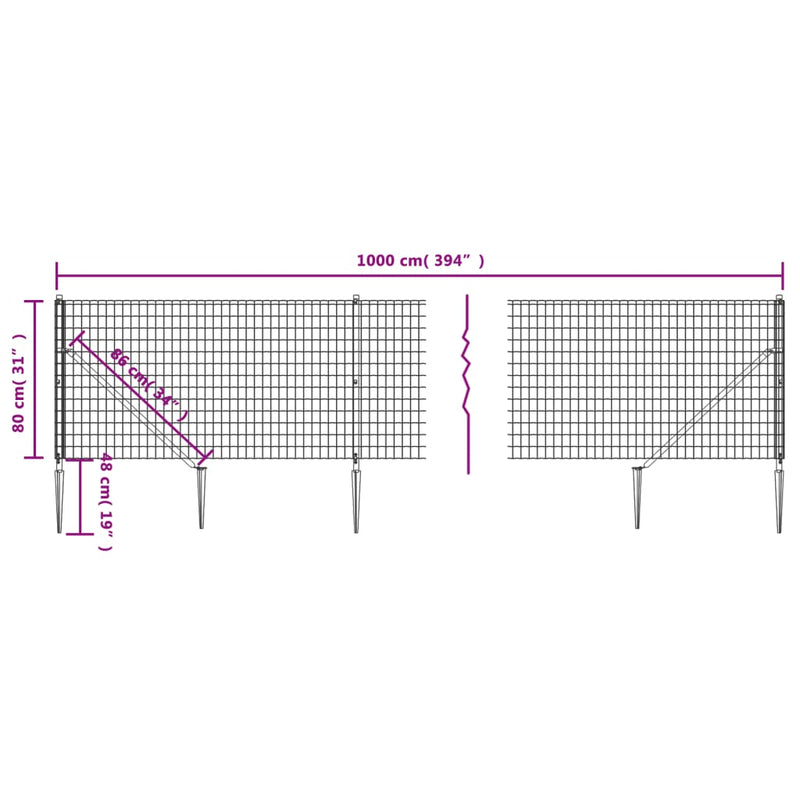 vidaXL zöld dróthálós kerítés cövekekkel 0,8x10 m