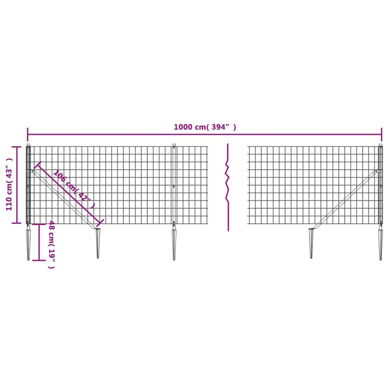 vidaXL zöld dróthálós kerítés cövekekkel 1,1x10 m