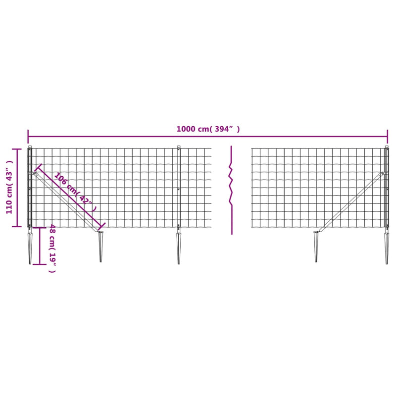 vidaXL zöld dróthálós kerítés cövekekkel 1,1x10 m