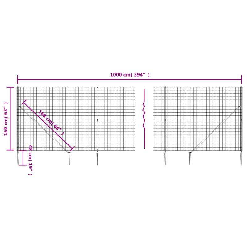 vidaXL zöld dróthálós kerítés cövekekkel 1,6 x 10 m