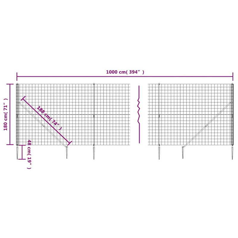 vidaXL antracitszürke dróthálós kerítés cövekekkel 1,8 x 10 m