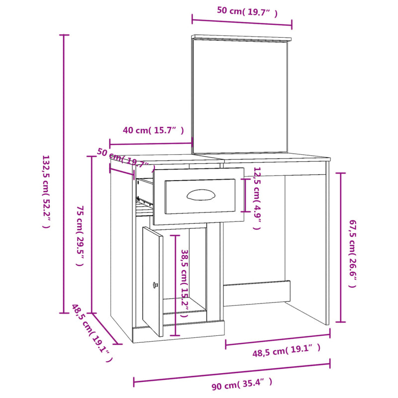 vidaXL fekete szerelt fa pipereasztal tükörrel 90 x 50 x 132,5 cm