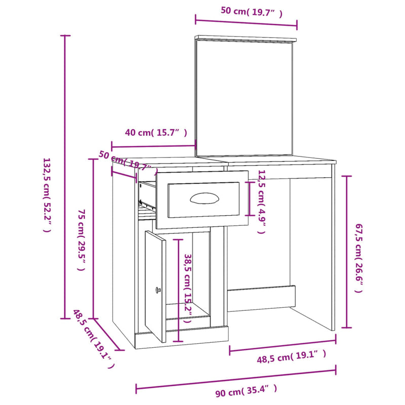 vidaXL füstös tölgy szerelt fa tükrös pipereasztal 90 x 50 x 132,5 cm