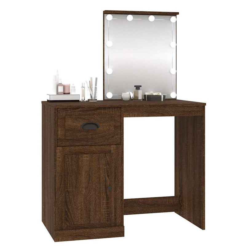 vidaXL barna tölgyszínű szerelt fa pipereasztal LED-del 90x50x132,5 cm