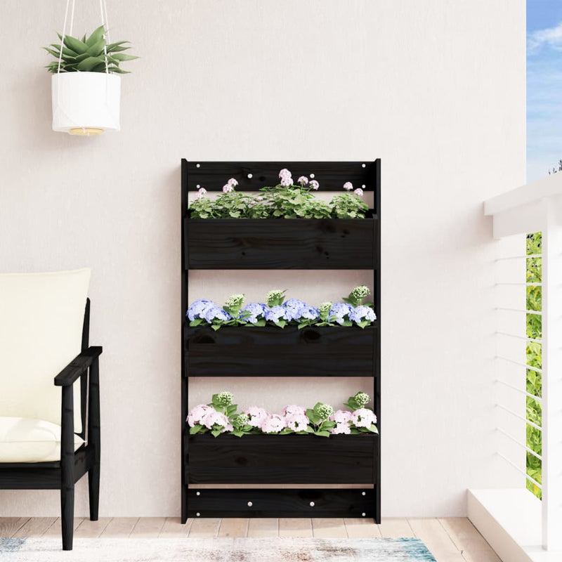vidaXL fekete 3 szintes tömör fenyőfa fali virágtartó 60x18,5x110 cm