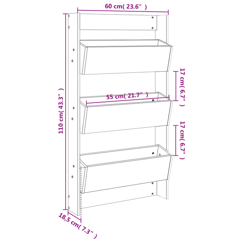 vidaXL fekete 3 szintes tömör fenyőfa fali virágtartó 60x18,5x110 cm