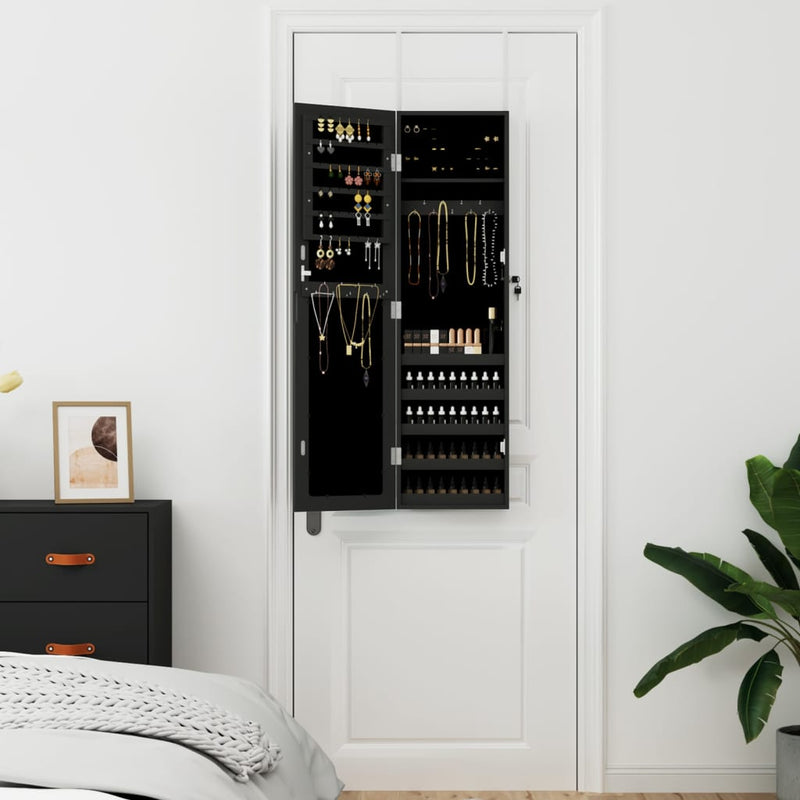 vidaXL fekete falra szerelhető tükrös ékszerszekrény 30x8,5x106 cm