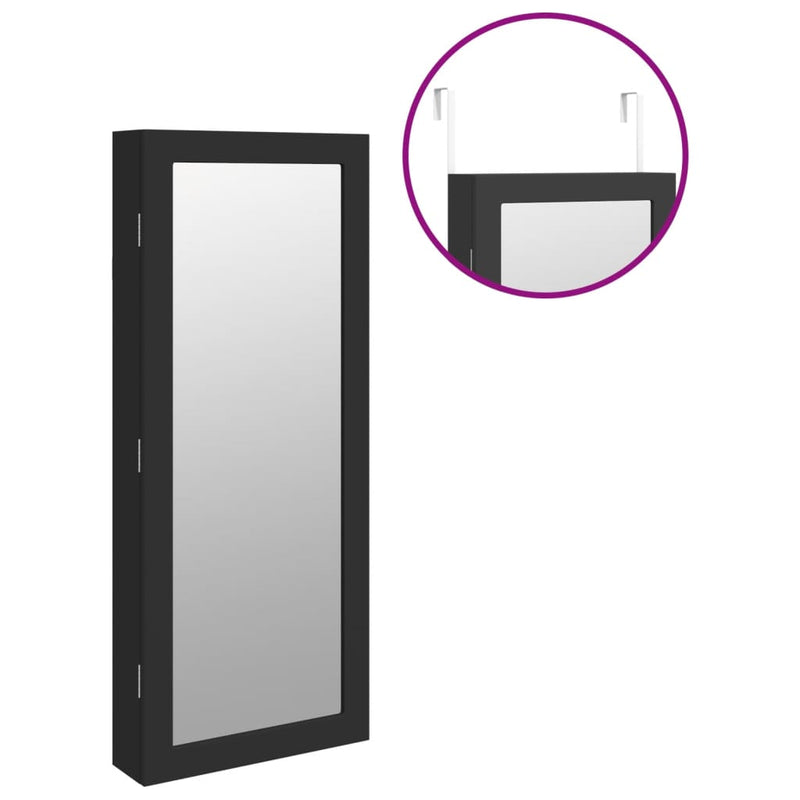 vidaXL fekete falra szerelhető tükrös ékszerszekrény LED fényekkel