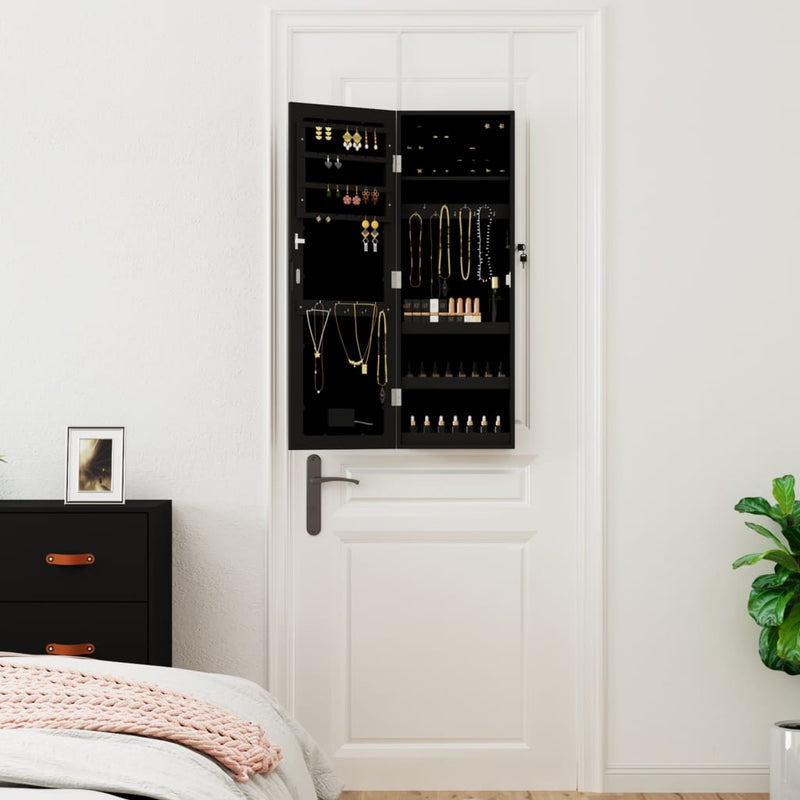 vidaXL fekete falra szerelhető tükrös ékszerszekrény LED fényekkel