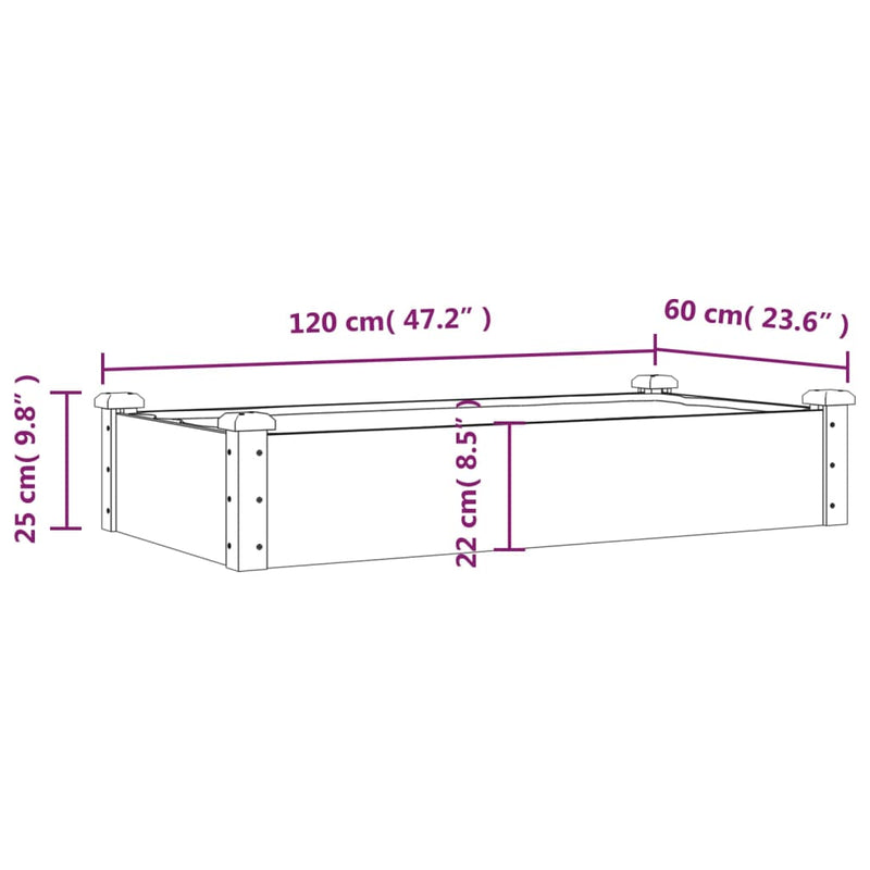 vidaXL tömör fenyőfa kerti magaságyás béléssel 120x60x25 cm