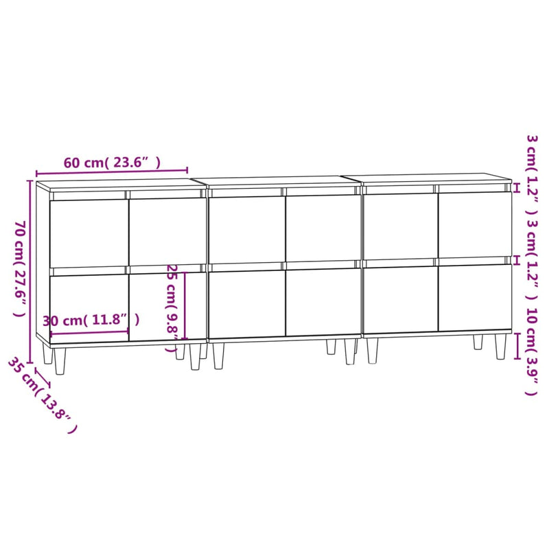 vidaXL 3 db fekete szerelt fa tálalószekrény 60 x 35 x70 cm